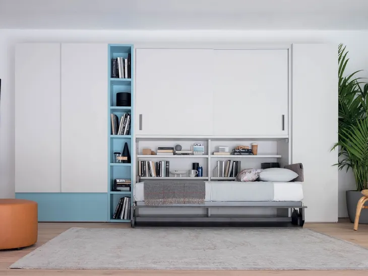 Letto singolo a scomparsa aperto con scrivania integrata in laccato opaco Hiro Armadio di Clever