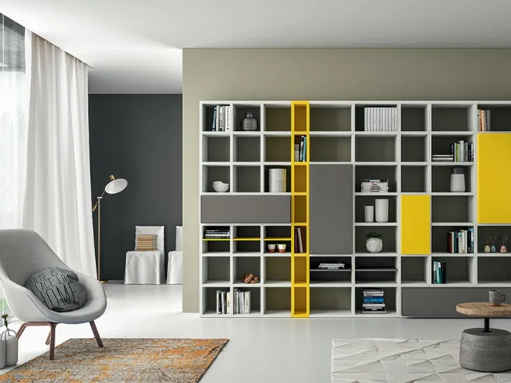 Libreria Speed P in laccato Light Grey e Giallo Zinco di Dall'Agnese