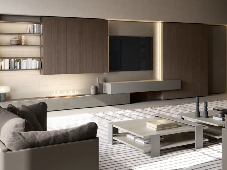 Parete Attrezzata Slim in Laccato, Gres e Rovere Terra di Dall'Agnese