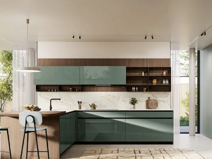 Cucina Moderna con penisola Altea Composizione 01 in vetro verde aloe di Prima Cucine