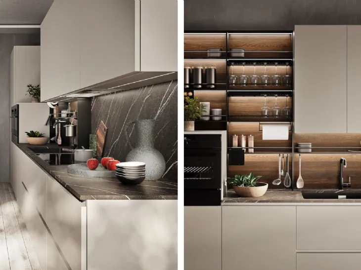 Cucina moderna lineare modello Q01 Ardue con elementi a giorno in metallo