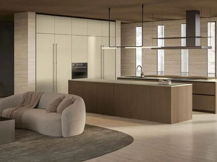 Cucina Moderna in Fenix Oro Cortez con isola in Rovere Daytona Game di Arrex