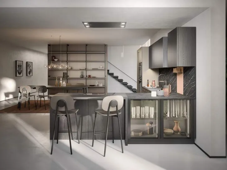 Cucina in melaminico con penisola e piano snack modello Bomino