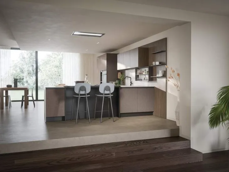 Cucina con penisola Hera 05 color Castoro Matt