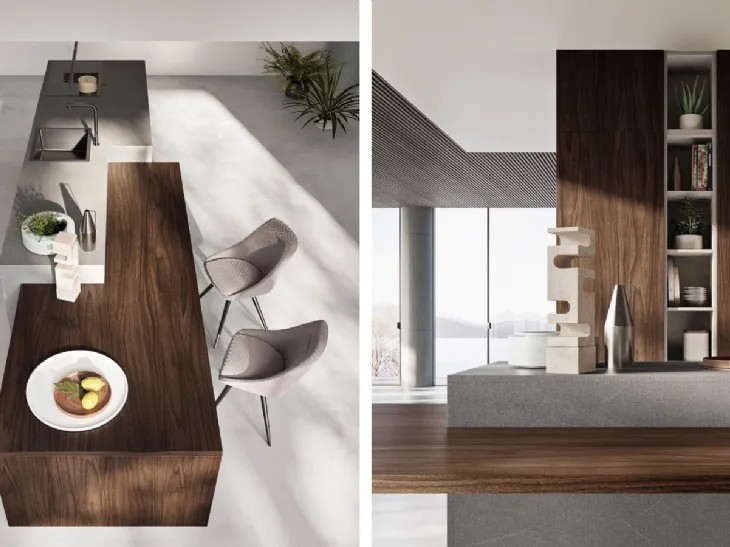 Cucina effetto legno noce con isola e piano snack