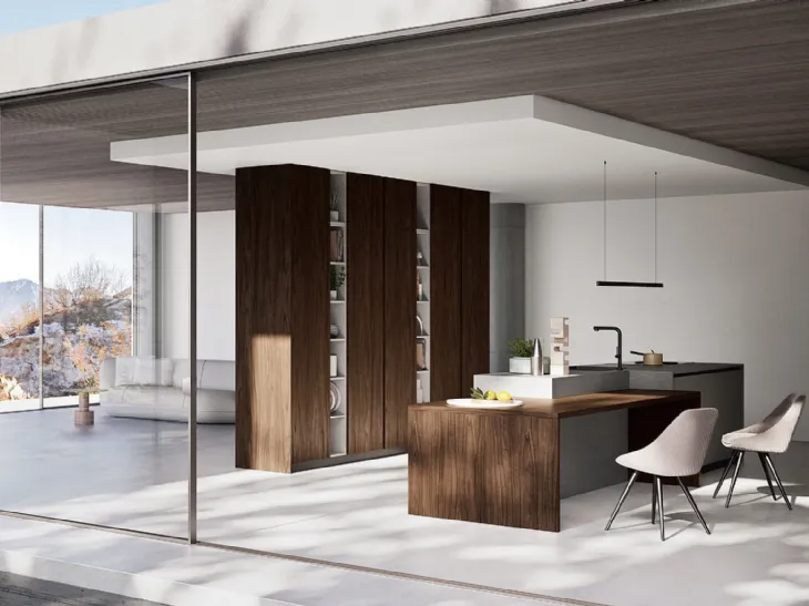 Cucina effetto legno noce con isola e piano snack
