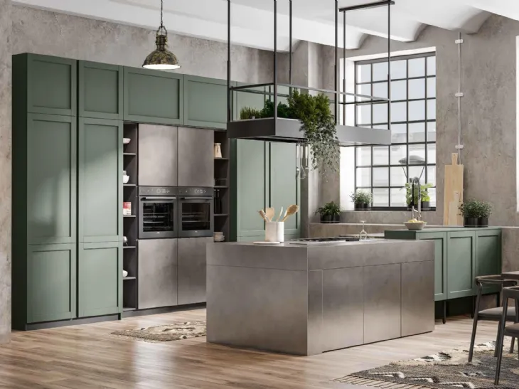 Cucina Moderna con penisola Queen Industrial in laccato e acciaio inox di Arrex