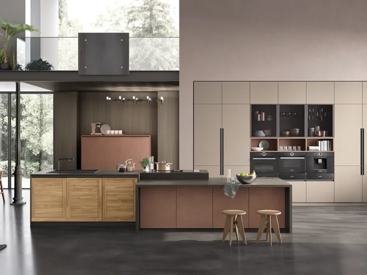Cucina Moderna lineare Twin Okobo Natural e Lab Oxide Marrone di Arrex