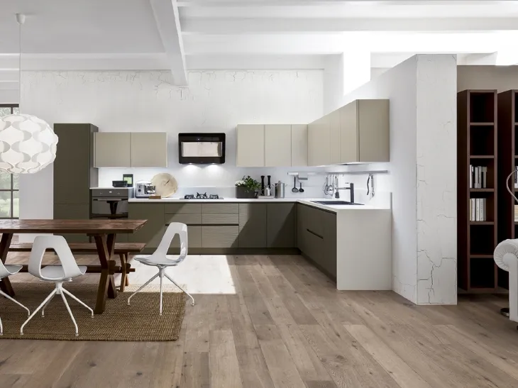 Cucina Moderna angolare Zenzero in Rovere laccato Tortora e Juta di Arrex