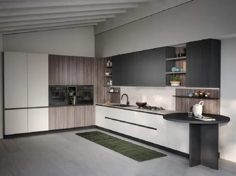 Cucina ad angolo modello Zoe con piano snack rotondo