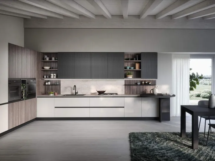 Cucina ad angolo modello Zoe con piano snack rotondo