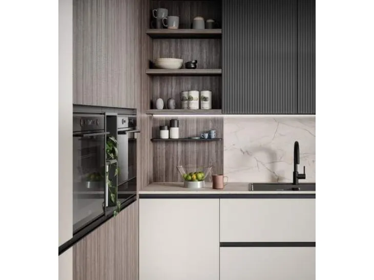 Cucina ad angolo modello Zoe con piano snack rotondo
