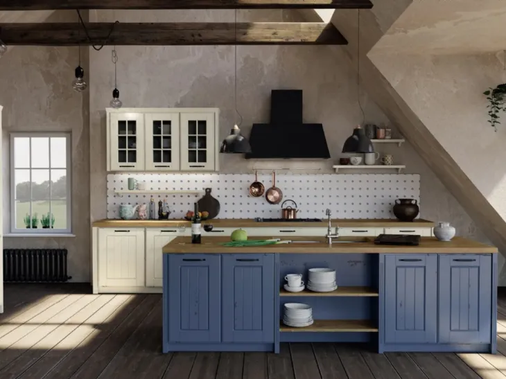 Cucina su misura con isola Fiordo 02 in legno laccato di Fratelli Mirandola